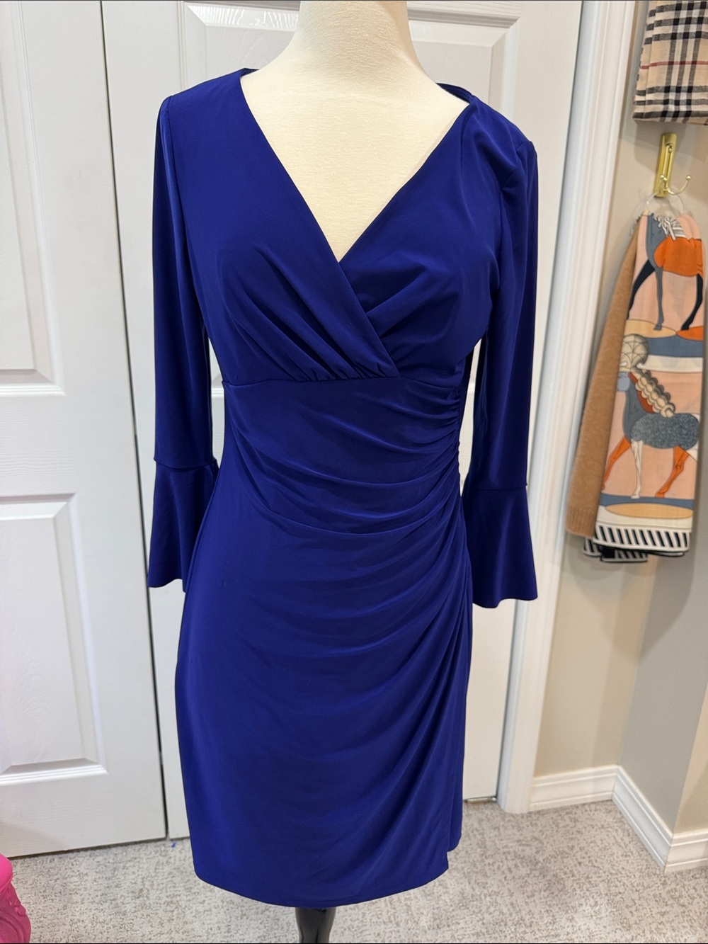 Ralph Lauren Cobalt Blue V-Neck Ruched Long Sleeve Dress